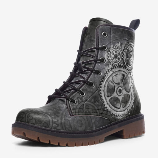 Gray Steampunk Gears Trendy Leather Boots - Image 3