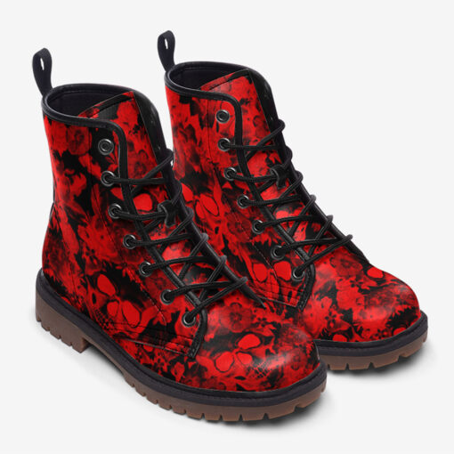 Red Skulls Flowers Trendy Leather Boots - Image 2