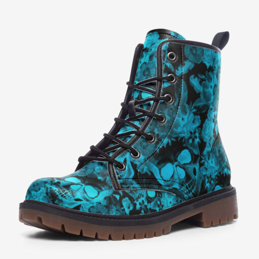 Aqua Blue Skulls Flowers Trendy Leather Boots - Image 3