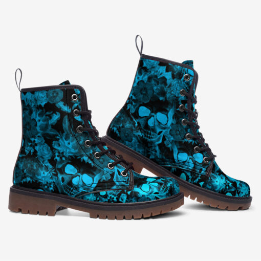 Aqua Blue Skulls Flowers Trendy Leather Boots