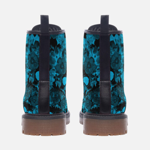 Aqua Blue Skulls Flowers Trendy Leather Boots - Image 4