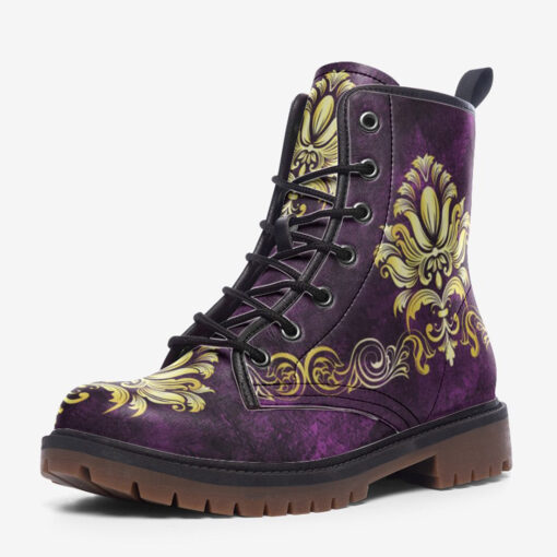 Gold on Purple Damask Ornament Trendy Leather Boots - Image 3