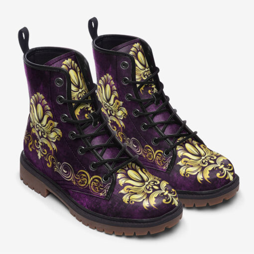 Gold on Purple Damask Ornament Trendy Leather Boots - Image 2