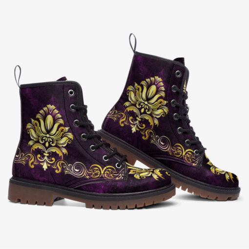 Gold on Purple Damask Ornament Trendy Leather Boots