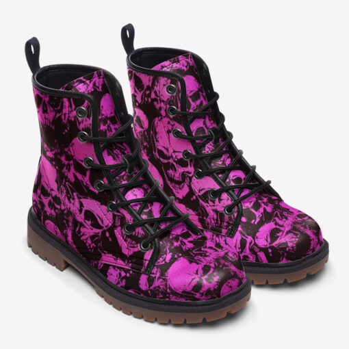 Pink Grunge Skulls Trendy Leather Boots - Image 2