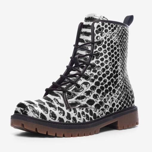 Snake Pattern Black and White Trendy Leather Boots - Image 3