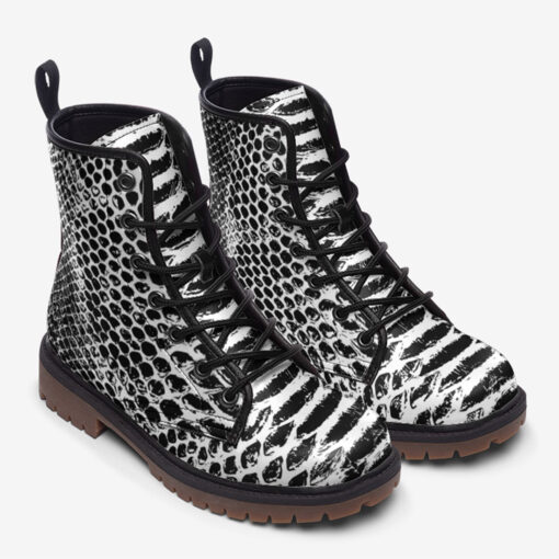 Snake Pattern Black and White Trendy Leather Boots - Image 2