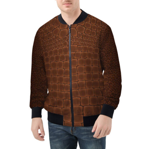 Brown Alligator Pattern Bomber Jacket - Image 3