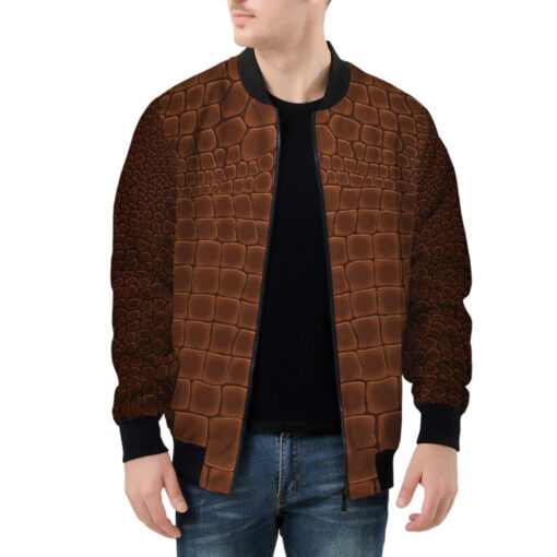 Brown Alligator Pattern Bomber Jacket