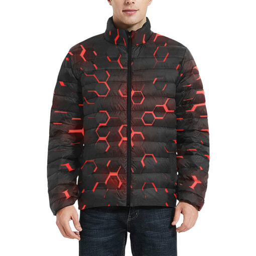 Red 3D Hexagon Tech Men's Padded Jacket - Image 3