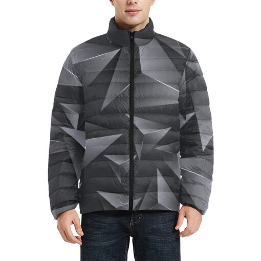 Modern Gray 3D Triangles Men's Padded Jacket - Image 3