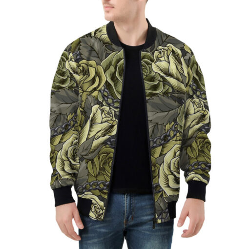 Blooming Green Roses Bomber Jacket