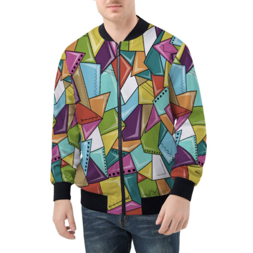 Colorful Mosaic Geometric Bomber Jacket - Image 3